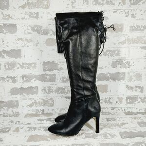 Kelsi Dagger Black Leather Over The Knee Ruffle Zip Lace Up Fashion Boots V590